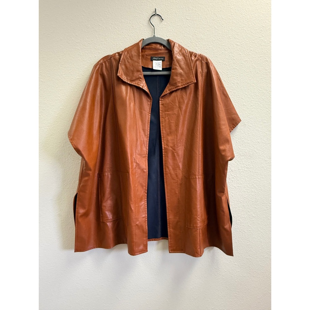 Slinky Brand Cognac Faux Leather Short Sleeve Cape Jacket Poncho Brown Medium
